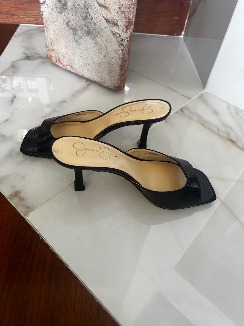 Jessica Simpson Black Textured Open-Toe Slide Heels